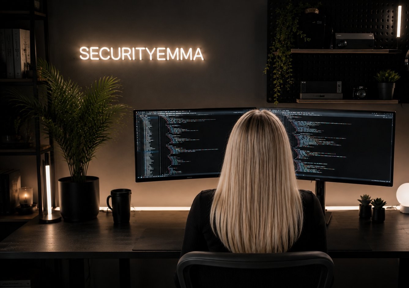 Emma at her desk with a glowing securityemma neon sign