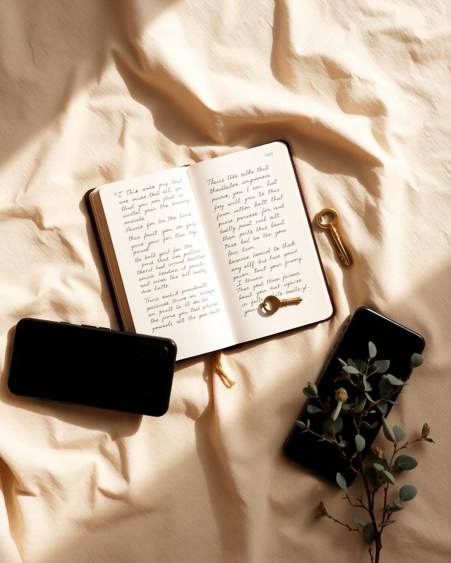 Notebook, key and phone on cream linen