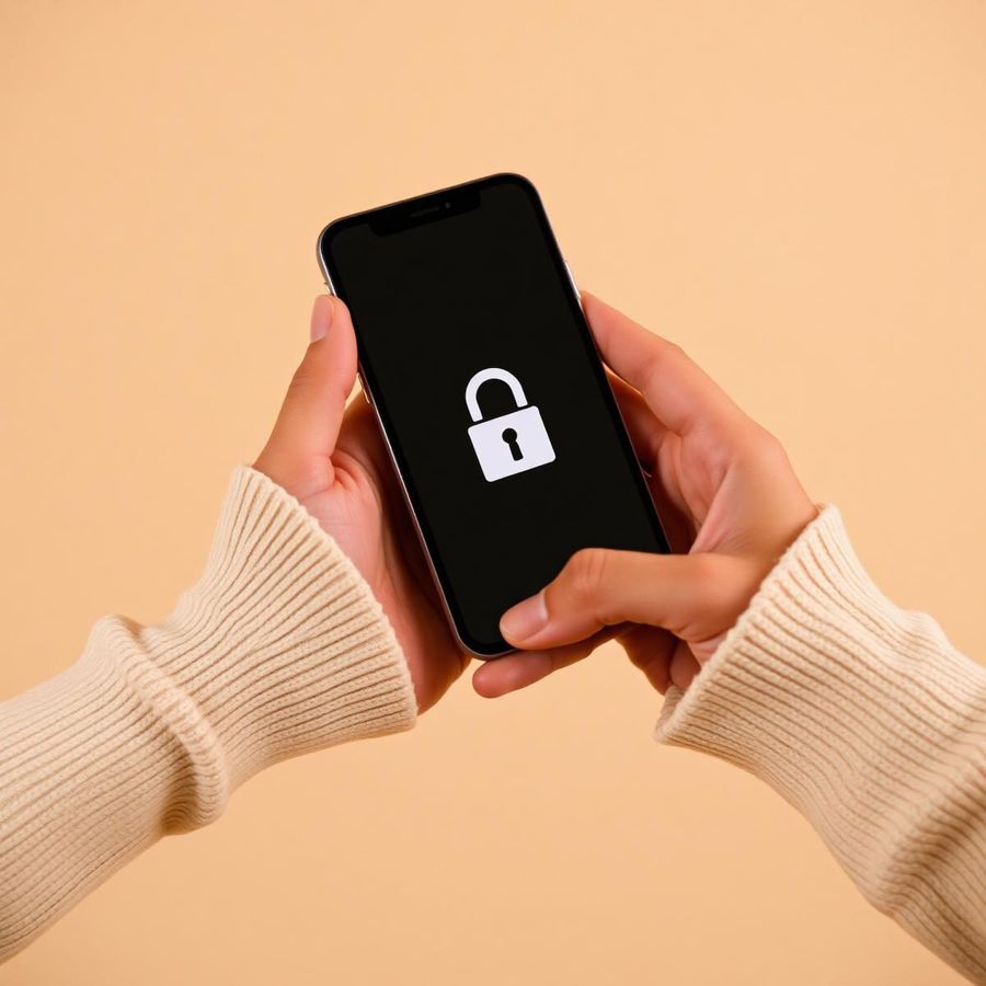 Hands holding a phone showing a lock icon
